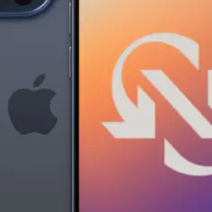 Ciemnoszary iPhone z logo Apple obok ekranu z gradientem i białym symbolem odświeżania, nawiązującym do iOS 15.