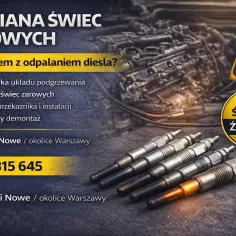 Kilka świec żarowych leżących obok silnika diesla i multimetru.