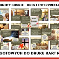 Ilustracja przedstawia trzy cnoty boskie: wiarę, nadzieję i miłość, symbolizowane przez obrazy i cytaty.
