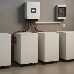 System magazynowania energii do domu: trzy białe baterie połączone z falownikiem na ścianie.