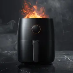Czarna frytkownica beztłuszczowa air fryer dymi i płonie, co może być odpowiedzią na pytanie, dlaczego frytkownica beztłuszczowa air fryer dymi podczas pieczenia.