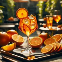 Orzeźwiający drink z Metaxą, udekorowany plastrami pomarańczy i lodem, na tle ogrodu. Idealny na letnie popołudnie.