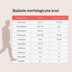 Tabela z badaniem morfologii krwi, pokazująca normy dla erytrocytów, hemoglobiny, hematokrytu, trombocytów, leukocytów (w tym neutrofili, limfocytów, monocytów, eozynofili i bazofili).