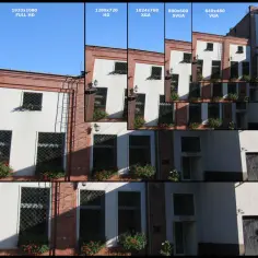 Budynek z cegły i białymi ścianami, pokazany w różnych rozdzielczościach, od 720p do VGA.