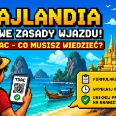 Wiza Tajlandia: turysta z plecakiem pokazuje telefon z kodem QR TDAC. W tle tropikalna plaża, świątynia i flagi.