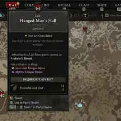 Mapa Diablo 4 z zaznaczoną lokacją "Hanged Man's Hall", gdzie czeka Andariel. Pokonanie jej otwiera dostęp do skarbca Andariel.