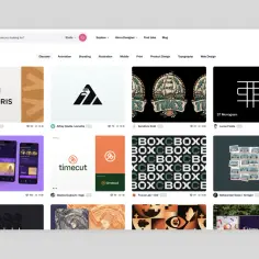 Zrzut ekranu z Dribbble, pokazujący siatkę projektów graficznych, w tym logo, ilustracje i projekty aplikacji.