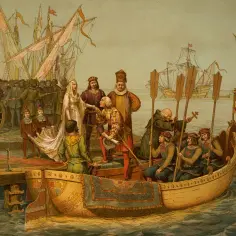 Kolumb i jego załoga na łodzi, w tle statki i ludzie na nabrzeżu.