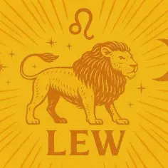 Lew: horoskop zapowiada pomyślność w sprawach pieniędzy. Symbol Lwa, majestatyczne zwierzę, księżyc i gwiazdy na żółtym tle.