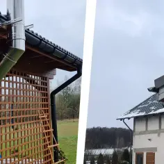 Dwa kominy przy domach jednorodzinnych, jeden ze stali nierdzewnej, drugi czarny. Pozwolenie na kominek w domu jednorodzinnym jest kluczowe.