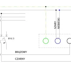 Schemat podłączenia płyty indukcyjnej: przewody PE, N, L1, L2, L3, zabezpieczenia B16/3, brązowy, czarny, szary, niebieski.