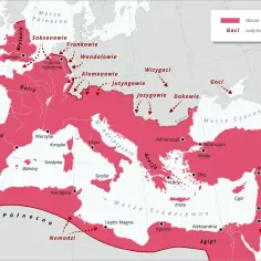 Mapa starożytnego Rzymu z zaznaczonymi terenami podbitymi i migracjami ludów koczowniczych, takich jak Goci.