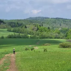 Samotny turysta na ścieżce, która jest częścią **głównego szlaku beskidzkiego**. Zielone łąki i lasy w tle.