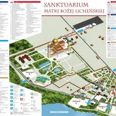 Mapa Sanktuarium z zaznaczonymi parkingami i drogami. Widać tu liczne **leżajsk atrakcje**, w tym bazylikę, klasztory i tereny zielone.