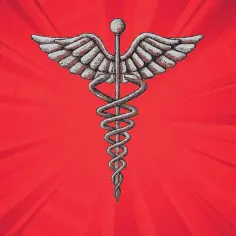 Srebrny kaduceusz z rozwianymi skrzydłami na tle promieniującego czerwonego tła. Symbol, który mógłby być znakiem rozpoznawczym na weselu lekarzy.