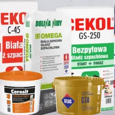 Gotowa gładź polimerowa w wiaderkach i workach od marek Atlas, Ceresit, Knauf, Cekol, Dolina Nidy i Śnieżka.