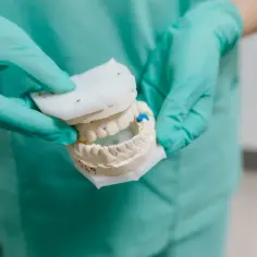 Ręce w zielonych rękawiczkach trzymają model szczęki, pokazując przeskakującą żuchwę i jej dopasowanie.