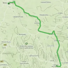 Mapa turystyczna z zaznaczoną trasą. Widać miejscowości takie jak Lipnica Murowana, Nowy Sącz, oraz atrakcje przyrodnicze.
