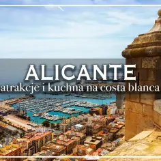 Widok na Alicante, miasto w Hiszpanii, z portem pełnym jachtów i plażą. Widać też fragment zabytkowej budowli.