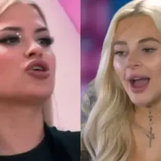 Dwie blondynki, jedna z błyszczącym makijażem, druga z tatuażami na szyi, obie z Warsaw Shore, Milena w centrum uwagi.