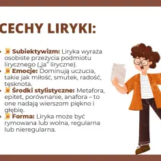 Cechy liryki: subiektywizm, emocje, środki stylistyczne i forma. Liryka to wyraz osobistych przeżyć i uczuć.