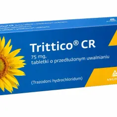 Opakowanie Trittico CR 75 mg z symbolem słonecznika. Lek ten, zawierający trazodon, pomaga szybko działać na sen, zapewniając spokojny odpoczynek.