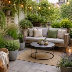 Przytulny balkon z rattanową sofą, wiklinowym fotelem i mnóstwem zieleni. Idealne miejsce, by usiąść i zastanowić się, co na balkon.
