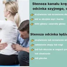 Fizjoterapeuta bada pacjentkę, która może mieć stenoza kręgosłupa. Opisano objawy stenozy szyjnej i lędźwiowej.