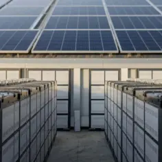 Rzędy baterii do magazynowania energii elektrycznej pod panelami słonecznymi.