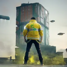 Mężczyzna w żółtej kurtce stoi na dachu, patrząc na futurystyczne miasto. W tle widać latające pojazdy i wysokie budynki, tworząc atmosferę cyberpunk Orion.
