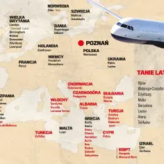 Mapa Europy z samolotem. Widać loty z Warszawy do Tirany.