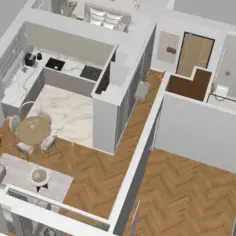 Wizualizacja mieszkania z kuchnią, salonem, sypialnią i łazienką. Projekt idealny dla ceniących komfort, jak w najlepszym rankingu deweloperów.