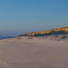 Plaża z wydmami i morzem w tle, oświetlona słońcem.