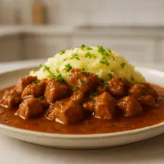 Gulasz wieprzowy z puree ziemniaczanym, posypany natką. Idealne przyprawy do gulaszu wieprzowego podkreślą smak tego dania.