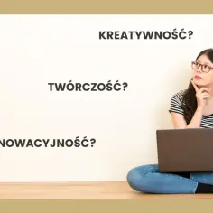 Młoda kobieta z laptopem zastanawia się nad synkretyzmem kreatywności, twórczości i innowacyjności.
