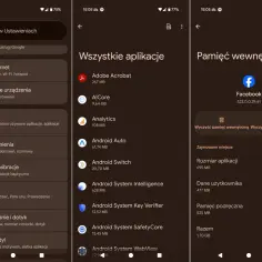 Ekran telefonu pokazuje, jak wyczyścić pamięć podręczną w telefonie. Widoczne są opcje "Wyczyść pamięć wewnętrzną" i "Wyczyść pamięć podręczną" dla aplikacji Facebook.
