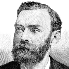 Portret Alfreda Nobla w stylu drzeworytu, z charakterystyczną brodą i wąsami.
