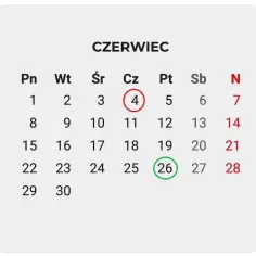 Kalendarz Czerwiec. Kiedy wakacje 2026? Zaznaczono 4 i 26.