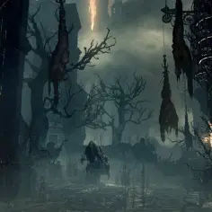 Mroczna, mglista ulica w Yharnam. Wiszące ciała, nagie drzewa i złowieszcza latarnia tworzą upiorną atmosferę.