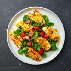 Sałatka ze szpinakiem, pomidorami i grillowanym serem halloumi. Idealna na szybki obiad, zainspiruj się naszymi airfryer przepisami po polsku!