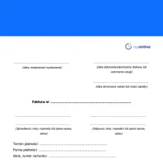 Szablon faktury z polami do wypełnienia, w tym dane sprzedawcy, nabywcy, termin płatności i numer rachunku. Widać logo "rcponline", sugerujące system do fakturowania, gdzie można obliczyć **podatek VAT**.