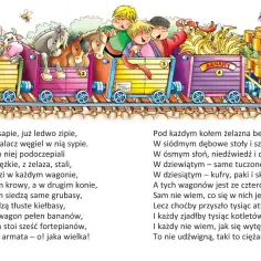 Kolorowy pociąg z wierszy Juliana Tuwima dla dzieci: krowy, konie, grubasy, banany, fortepiany i armata w wagonach.