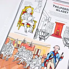 Ilustracje do Konstytucji 3 Maja dla dzieci: król Stanisław August, sala obrad senatu i sala poselska na Zamku Królewskim.