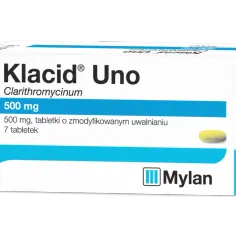 Opakowanie Klacid Uno 500 mg, zawierające 7 tabletek o zmodyfikowanym uwalnianiu. Czy to mocny antybiotyk? Klacid zawiera klarytromycynę.