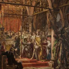 Uroczystość koronacji Mieszka I, otoczonego przez dzieci i dwór. Scena pełna splendoru i historycznego znaczenia.