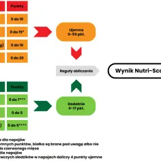 Schemat obliczania Nutri-Score: składniki, punkty ujemne i dodatnie, wynik.
