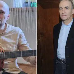 Syn Seweryna Krajewskiego, Sebastian, gra na gitarze. Obok stoi sam Seweryn Krajewski.