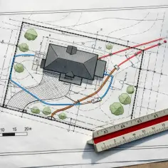 Projekt zagospodarowania terenu z domem, drzewami i zaznaczonymi instalacjami. Skala i linijka wskazują na precyzyjne planowanie.