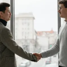 Dwóch mężczyzn w garniturach ściska sobie dłonie. Rozmawiają o tym, ile wynosi prowizja biura nieruchomości wynajem.