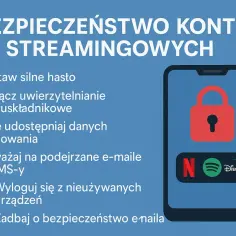 Zabezpiecz konta streamingowe: silne hasło, 2FA, ostrożność z danymi i e-mailami. Telefon z kłódką i logotypami Netflix, Spotify, Disney+.